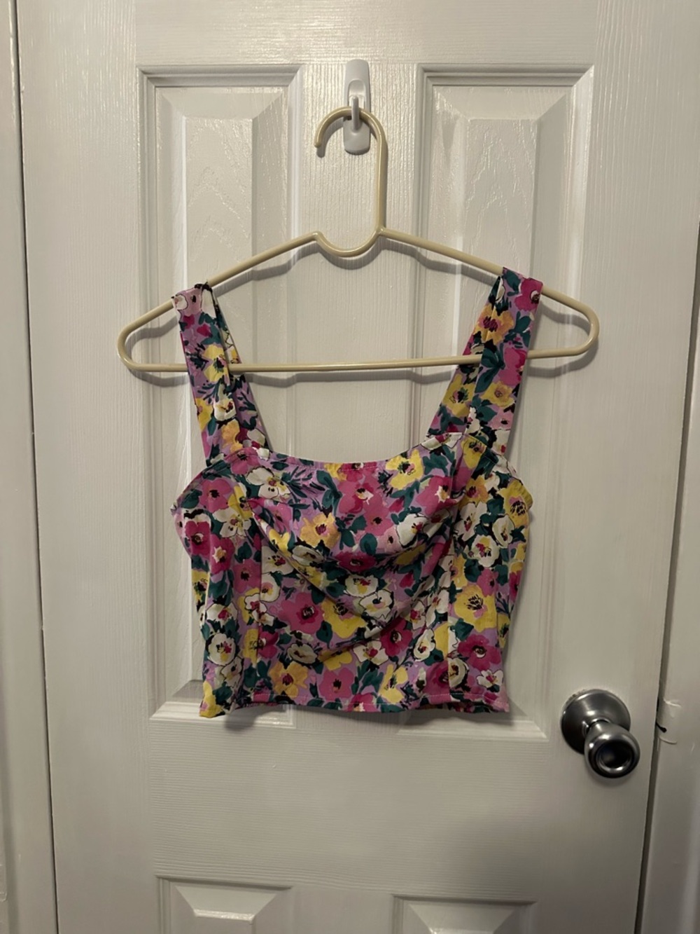 SHEIN Pink Yellow Floral Cowl Neck Crop Top